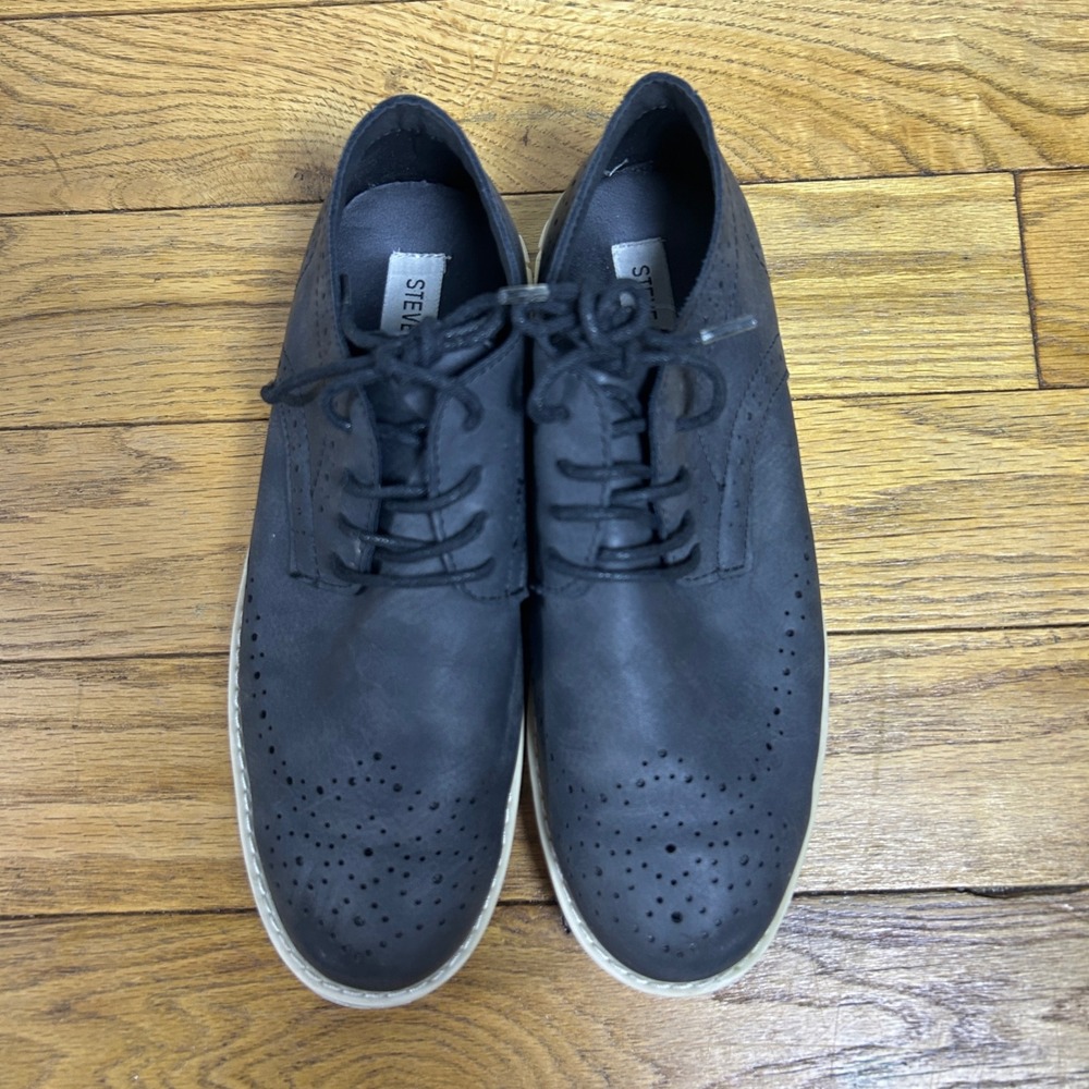 Steve Madden BMAT Black Wingtip Oxford Brogue Shoes White Sole Mens 6